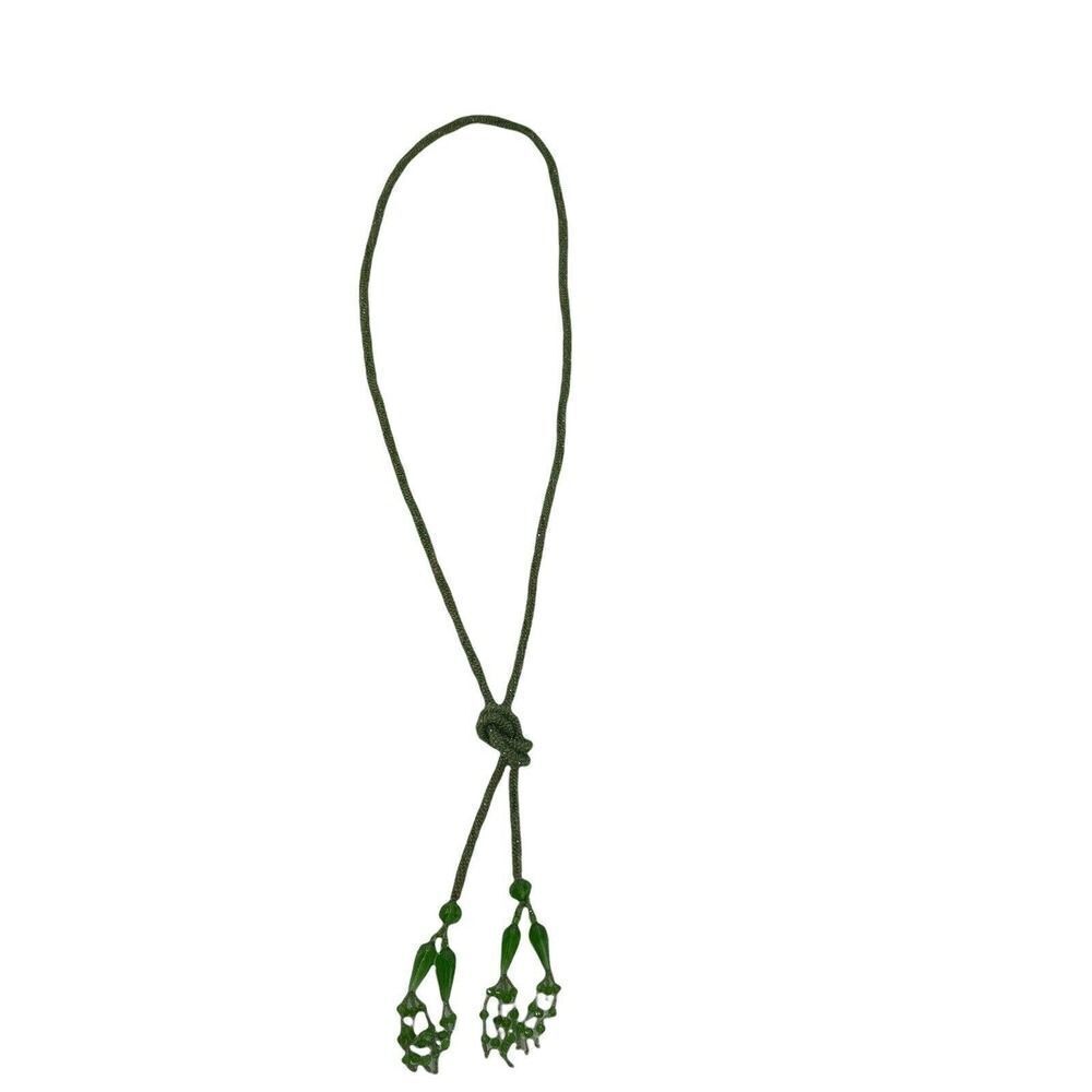 Vintage Rope Necklace Glass Beads Green Art Deco Mid Century Classic Knot Tie